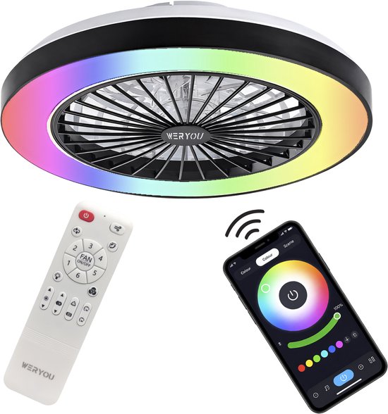 WERYOU® illuminAIR Ceiling Fan - Ceiling Light - Ceiling Fan with Lighting - Ceiling Fixture - Fan Lamp - Tuya Wifi Smart - RGB Led Lamp - Ceiling Lamp - Incl Remote Control - Dimmable - ⌀56CM