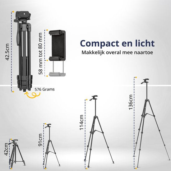 Studio ME Telefoon Statief - 136 cm - Tripod Smartphone - Zwart - Camera Statief - Telefoonhouder - Incl. Bluetooth Afstandsbediening - Statief Telefoon