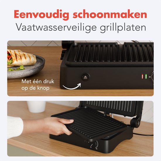 KitchenBrothers Contactgrill - Grill Apparaat - Uitneembare Grillplaten - Panini Grill - 3 hoogtestanden - Tosti ijzer - 2000W - Zwart
