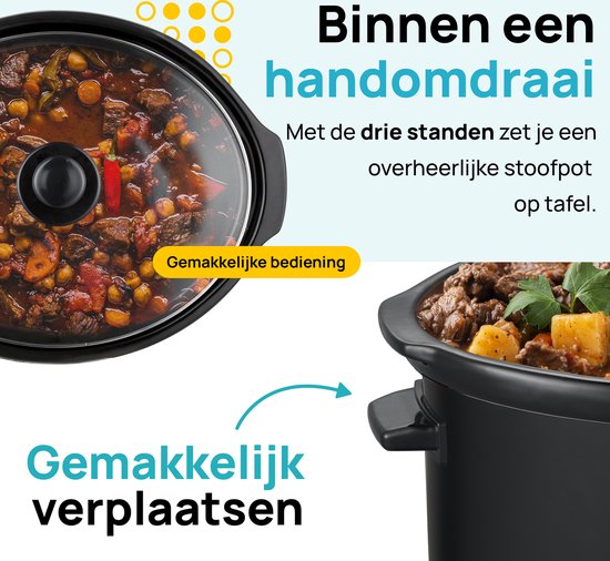 MOA Slowcooker 6,5L - Ø 24,5cm - Keramische Binnenpan - Doorzichtige Deksel - 3 Warmtestanden - Vaatwasserbestendig - BPA-Vrij - Zwart