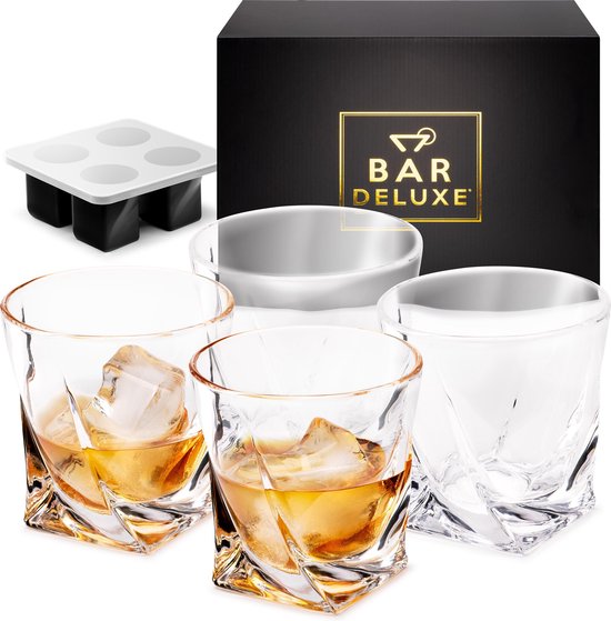 BarDeluxe® Whiskey Set - 4 Handgemaakte Kristallen Glazen 325 ml - Luxe Cadeauset met IJsblokjesvorm & Bewaardoos - Ideaal als Whisky Geschenk