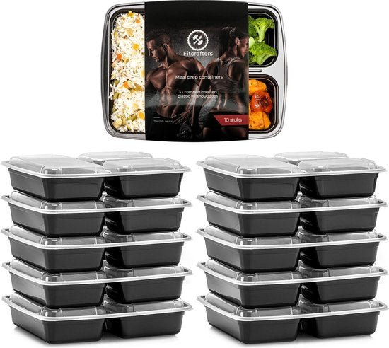 Fitcrafters Meal Prep Bakjes - Vershoudbakjes - Diepvriesbakjes - 10 Stuks - 3 Compartimenten - 1L - BPA vrij