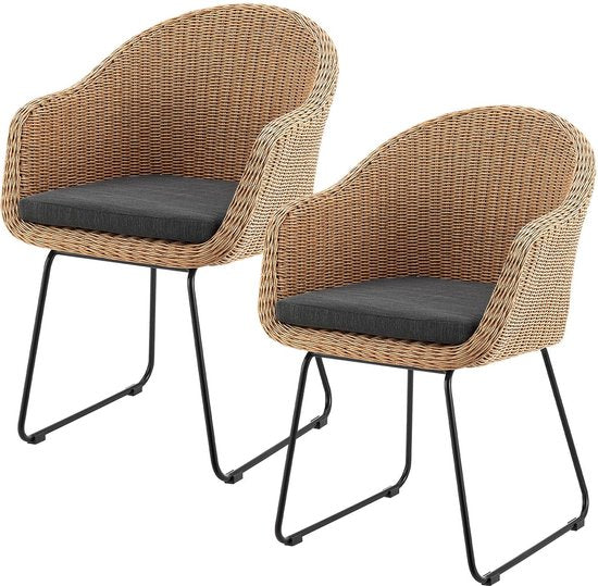 Juskys – Cody Rotan Tuinstoelen Set van 2 – 59 x 57 x 82 cm – Voorzien Van Comfortabele Zitkussens En Stalen Frame – Voor Terras En Eetkamer – Naturel Rotan En Staal