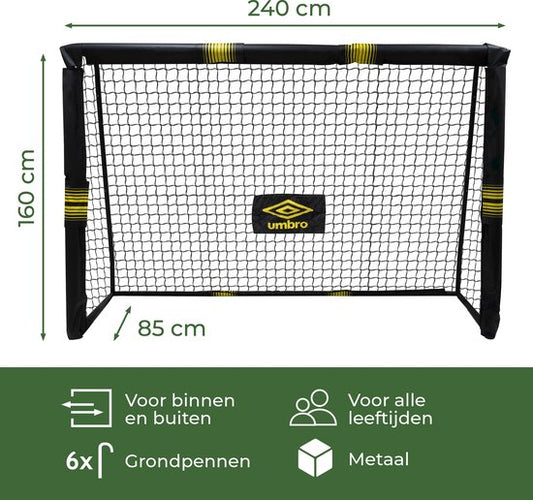 Umbro Voetbaldoel - Voetbal Goal 240 x 160 x 85 cm - Voetbalgoal Groot - Buitenspeelgoed voor Kinderen en Volwassenen - Snelle Montage - Voetbal Training Doel - Metaal - Zwart/ Geel