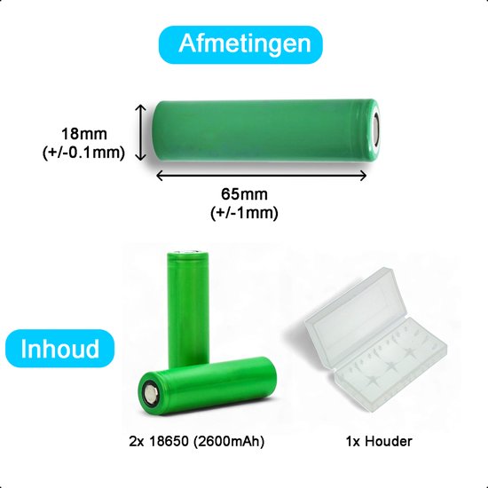 2-Pack Tech Essentials® 18650 Oplaadbare Batterijen - 2600mAh 3.6V - 7.8A - Li-ion - Flat Top - Houder - Accu - Lithium