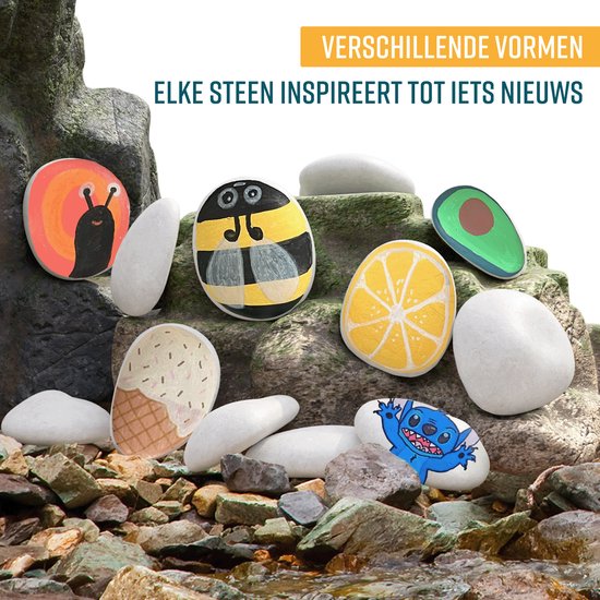 NAPI Happy Stones Stenen - 12 Witte Keien - Inclusief Cursus: Stenen Schilderen - Gladde Egale Keien - Pakket - Beach Pebbles - 4 tot 8cm - Wit