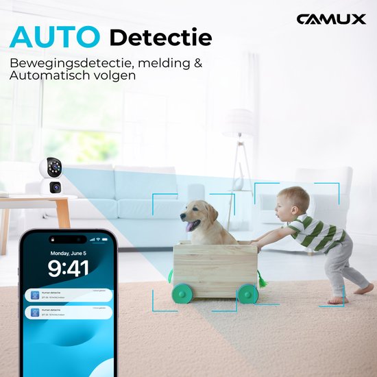 Camux DualVision Beveiligingscamera Binnen - 2MP Full HD Camera met Nachtzicht - Babyfoon - Baby monitor - Huisdiercamera met app - Hondencamera - Petcam