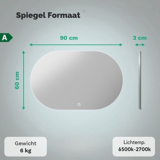 Mirlux Badkamerspiegel met LED Verlichting & Verwarming – Wandspiegel Ovaal – Anti Condens Douchespiegel - 90x60CM