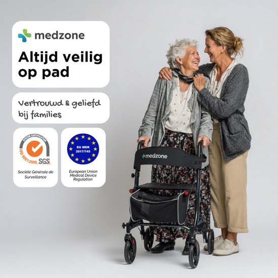Medzone Rollator Lichtgewicht en Opvouwbaar - Binnen en Buiten - Zitfunctie - Rugleuning en Wandelstok Houder - Zwart
