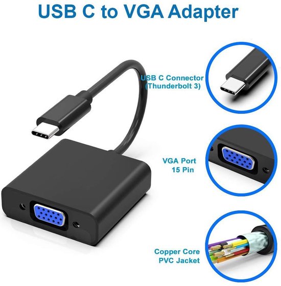 Techvavo® USB C naar VGA Adapter - USB C naar VGA - Full HD 1080P - Man naar Vrouw - Zwart