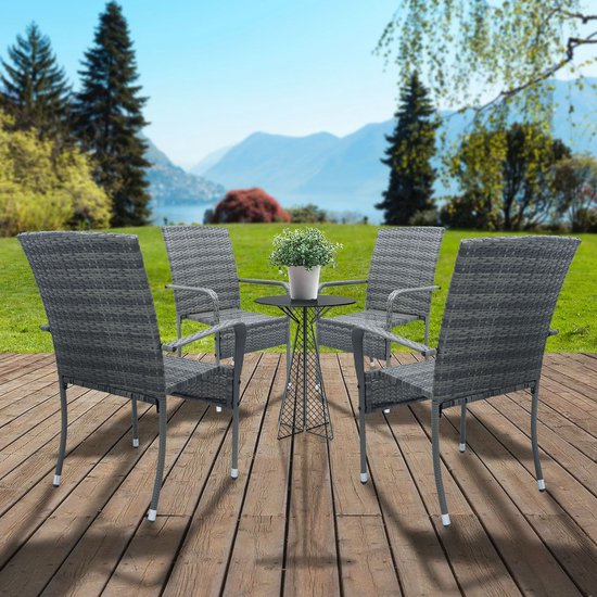 Juskys - Set Van 4 Tuinstoelen - Polyrotan - Grijs - Buitenstoelen - Stapelbaar - Verstelbare Pootjes - Max 160 Kg