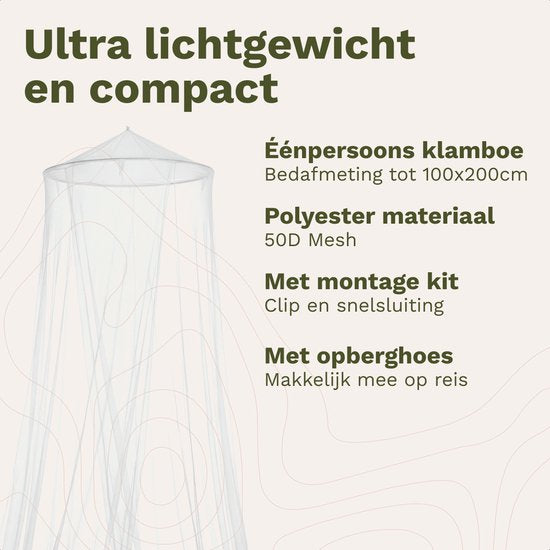 TRVLMORE Klamboe 1 Persoons - Muggennet - Muskietennet met Ophangkoord - Reisklamboe - Incl. Ophangset en Opberghoes - Wit