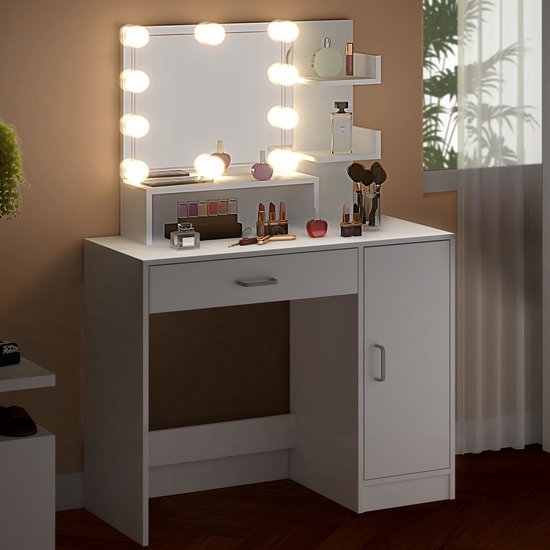 Casaria Make up tafel Jocelyn - Lade Spiegel LED 3 Planken 140x110 - Wit
