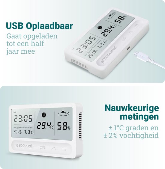 Spoused Digitale Hygrometer - Thermometer voor binnen - Luchtvochtigheidsmeter - Weerstation - Wit