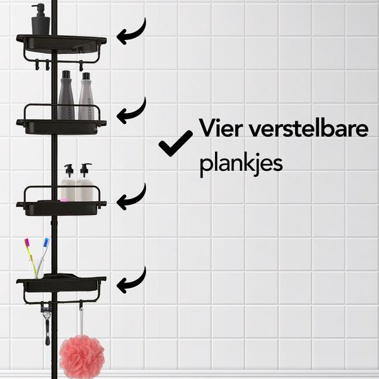 Brixy Doucherek - Telescopisch - 85-305 cm - Zonder Boren - Vloer Tot Plafond - 4 Plankjes - 3 Haken - Zwart