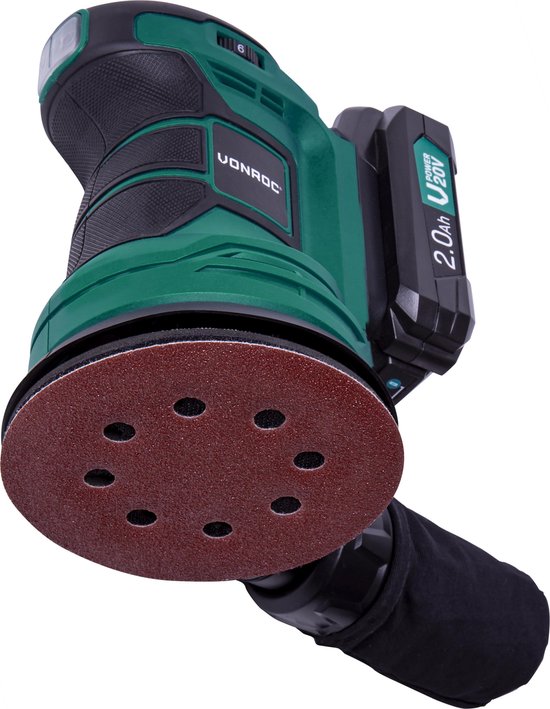 VONROC Excentrische schuurmachine – VPower 20V - Incl. 2.0Ah accu & oplader - Ø125mm - Met stofzak & 12 stuks schuurpapier
