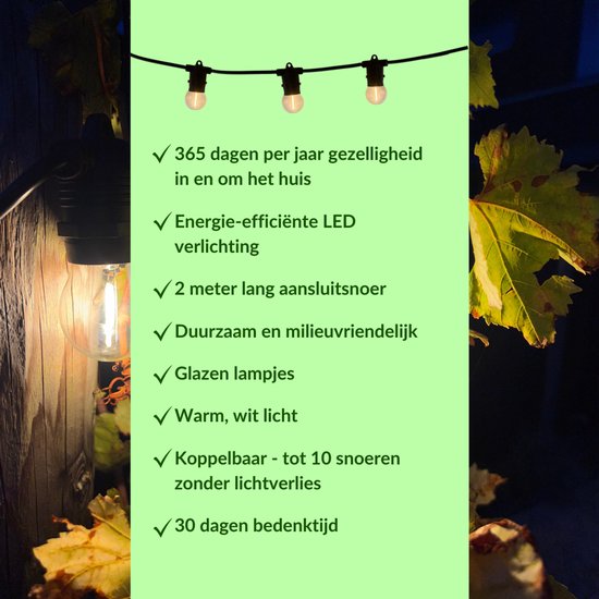 a sunny day lichtsnoer buiten - lichtslinger - lichtsnoeren voor buiten - prikkabel - warm wit licht - 10 meter - led - lichtsnoer binnen en buiten - lichtsnoeren - lichtslang voor buiten - 10 led lampen - E27 fitting - verlengbaar