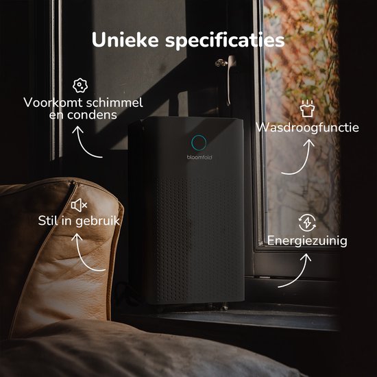 Bloomfold - BF003 Luchtontvochtiger - 12L per Dag - Was-droog Functie - 2L Reservoir - 38 dB Stil - Timer & Kinderslot - Zwart