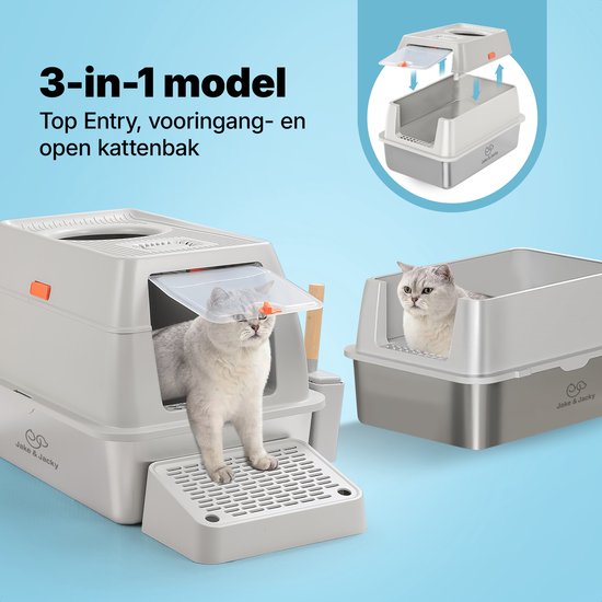 Jake and Jacky RVS Kattenbak Hop In - Kattentoilet Roestvrijstaal - Incl. Kattenbakschep met Houder en Gritopvang Opstapje - Top Entry - 3 in 1 Open Kattenbak met Afneembare Deksel - 60x40x38cm