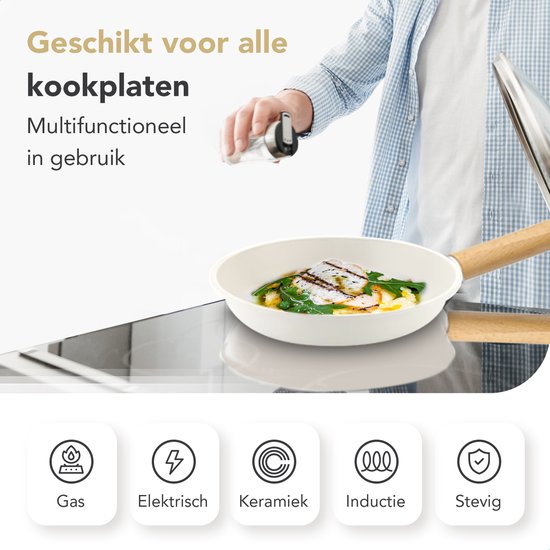 Rochester 18-delige Pannenset met Deksels - Set met PFAS-vrije Kookpotten, Koekenpannen & Steelpannen - Koekenpannenset - Kookpottenset - Inductie - Aluminium - Beige