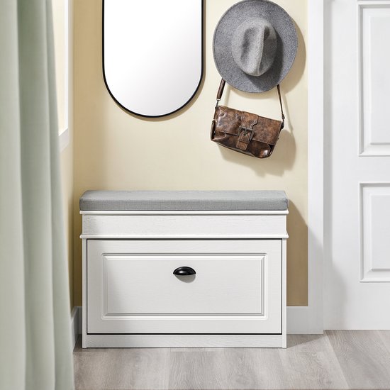SoBuy FSR82-L-WG Schoenenkast entreebank – schoenenbank met toiletzitting en schoenenopbergkussen voor hal, woonkamer 75 x 24 x 51 cm, capaciteit 180 kg, wit antiek houteffect