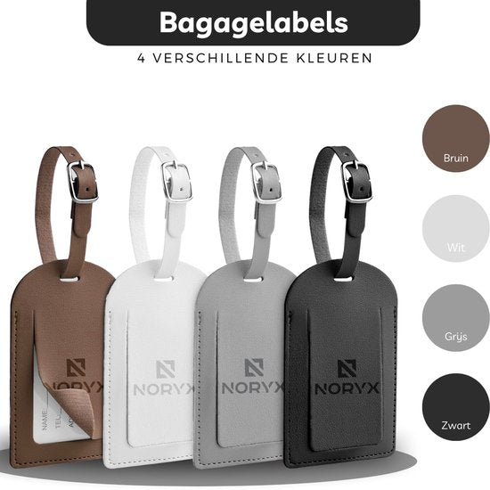 Noryx 4-delige Kofferlabel set - Bagagelabel - Kofferlabels - Koffer Label - Grijs, Wit, Zwart & Bruin