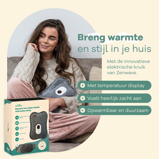 Zenwave Elektrische Kruik met Hoes - Digitaal Display - Warmtekruik & Waterkruik met Handwarmers - Oplaadbare Warmtekussen - Menstruatie Warmteband - Duurzaam & Draadloos - Kamperen & Outdoor - Warmwaterkruik Grijs