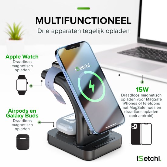iSetchi MagSafe 5-in-1 Draadloze Oplader (15W USB-C snellader) - Met LED lamp, Digitale klok & Alarm functies - Geschikt voor iPhone, Apple iWatch & Airpods - Draadloos Qi Station - GSM Lader