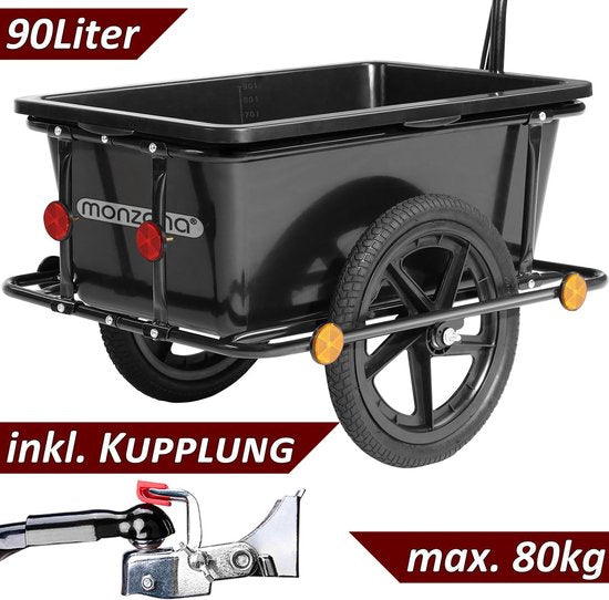 Monzana Fietskar Aanhanger - met 90L Kunststof Kuip Koppeling – Zwart