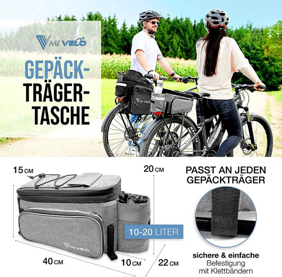 MIVELO - Fietstas voor bagagedrager - bagagedragertas fiets - uitbreidbaar tot 20 l - waterafstotend - 20 l grijs
