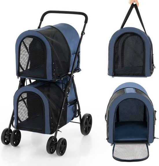 Coast Huisdierbuggy – 4-in-1 – Voor Kat & Hond – 2-Laags – Max. 16 kg – Marineblauw