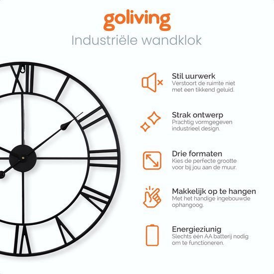 Goliving Wandklok Industrieel - Stil uurwerk - Moderne wandklok - Metaal - Ø 60 cm - Zwart