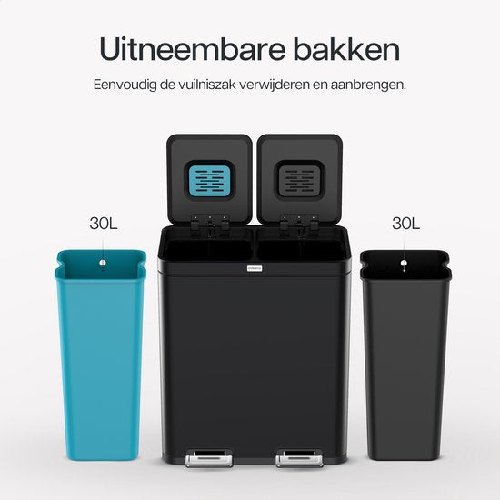 Deleca Recycle Prullenbak - 2 Vakken - 60 Liter (2x30) Afvalbak - FreshAura Geurbestrijding - Slow Close - RVS Zwart
