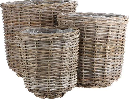 Mica Decorations Marcia Plantenmand Buiten - Set van 3 - H40 x Ø43 cm - Rotan - Grijs