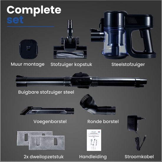 Saaf G90M Steelstofzuiger met Dweilfunctie - 8-delige set met Buigbare Steel - 26.5Kpa - Stofzuiger zonder Zak - 200W - Draadloos - Zwart