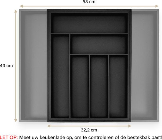 Budu Uitschuifbare Bamboe Bestekbak #43 (43 cm diep) - Zwart - Bestekcassette Hout - Besteklade - 43 x 32,2 - 53 cm - 6/8 vakken