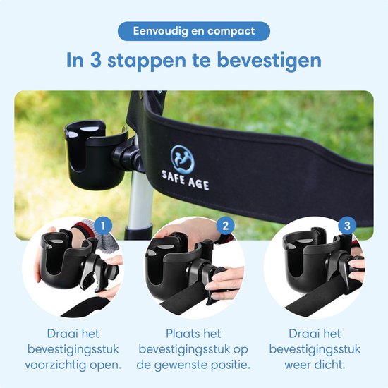 Safe Life® universele Bekerhouder & Telefoonhouder – voor Rollator, Rolstoel, Kinderwagen & Meer