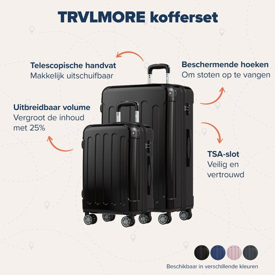 TRVLMORE Kofferset - 2 Delig - 45L Handbagage + 115L Ruimbagage - TSA Slot - Lichtgewicht - Reiskoffer Set - Trolley - Zwart