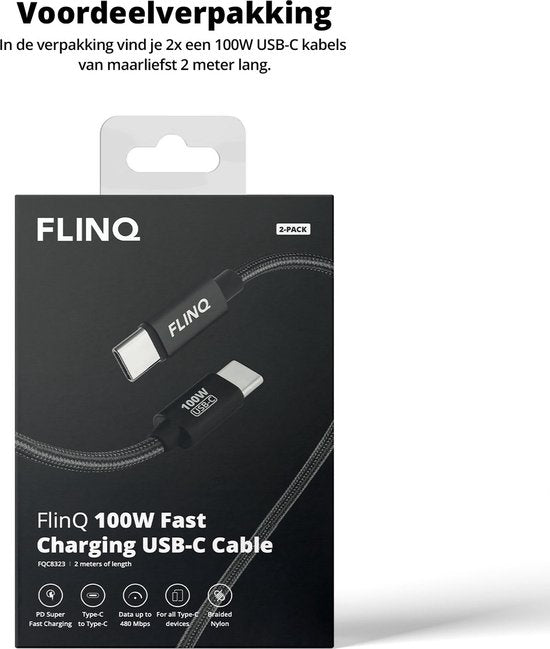 FlinQ - 2x USB C naar USB C Kabel 100W - Snellader voor Smartphone, Tablet - Zowel Datakabel als Oplader - 2 Meter Lange Nylon Oplaadkabel