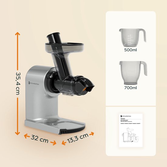 KitchenBrothers Slowjuicer - Compact - Sapcentrifuge - Groenten en Fruitpers - 45 mm - 500 ml - Grijs