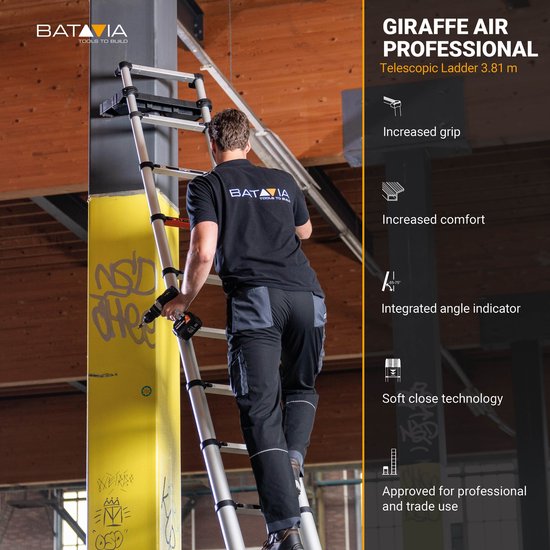 Batavia Telescopische ladder - 3,81 m - Geschikt voor binnen en buiten. licht, compact, aluminium constructie en veilig - Giraffe Air® Pro - Zwart met aluminium