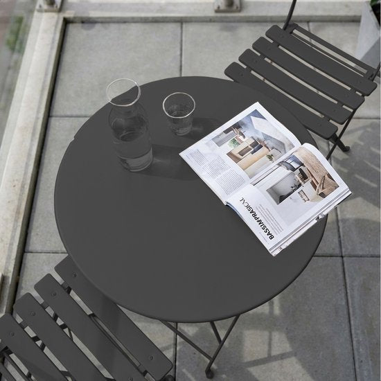 LifeGoods Bistroset - Staal - 3-delig - Tuinset - Inklapbaar - Balkonset met Tafel - Weerbestendig - Donkergrijs