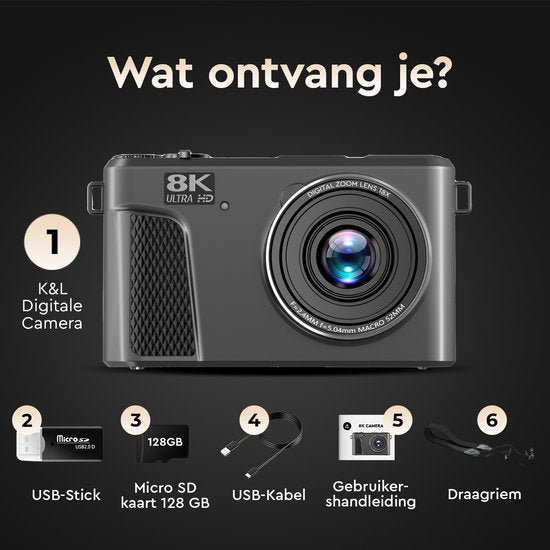 K&L - 8K 88MP - 18X Zoom - 128GB SD - WiFi - 3.0" UHD-display - mic-poort - Fotocamera - Compact Camera - Vlog Camera