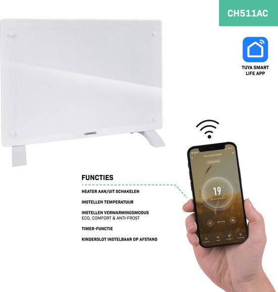 VONROC Luxe elektrische kachel - glazen paneel – 750W/1500W - Verwarmt ruimtes tot 18m2 - Bediening via app (via Wifi) of handmatig – Instelbare thermostaat en timer - Wit