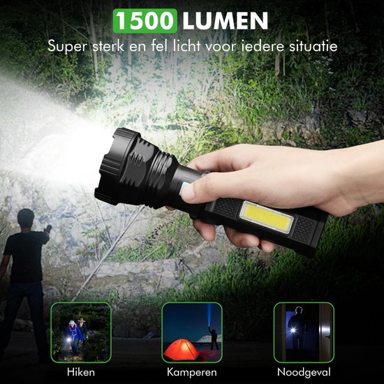 Travelhawk Zaklamp - Zaklamp Led - Zaklamp Militaire - Zaklamp op Batterijen - 1000 Lumen - Zonnepaneel - Waterproof - Zwart