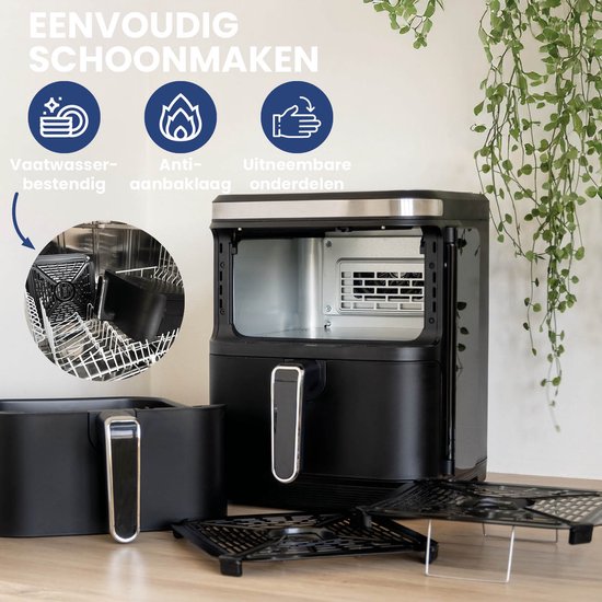 Nexxt - Double Stacked Airfryer - 11 l Inhoud - Zwart & RVS - 12 Kookprogramma's - Gestapeld Model - Ruimtebesparend & Dubbele Lade