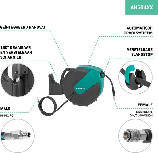 VONROC PRO Automatische luchtslanghaspel – Luchthaspel – Incl. 30 meter luchtslang, 2 meter aanvoerslang en wandmontageset – 17 bar/250 PSI - Universele EURO/DIN 7.2mm koppeling