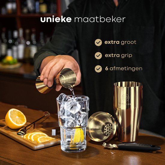 BarDeluxe® Cocktail Set - 3-Delig 750 ml Cocktailshaker met Jigger & Stamper - Inclusief Nederlandstalig Receptenboek - Luxe Cadeau - Goud