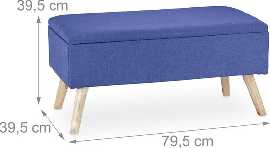 zitbank met opbergruimte - 39,5 x 79,5 x 39,5 cm - kussen - houten poten - halbank - blauw