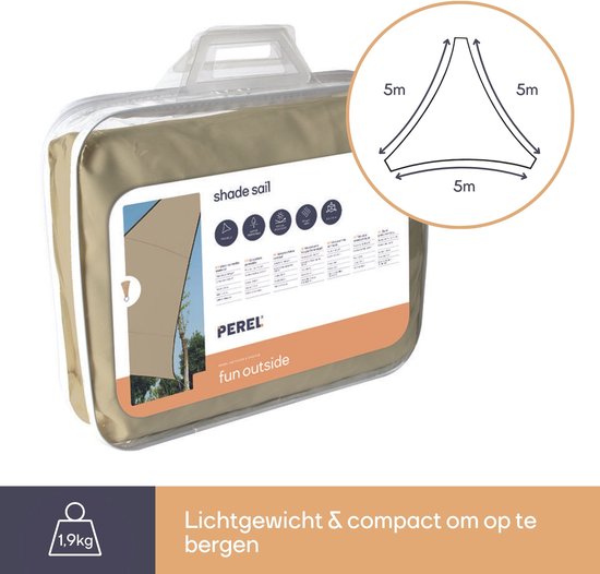 Perel Schaduwdoek, waterdoorlatend, luchtdoorlatend, 5 x 5 x 5 m, 180 g/m², HDPE, driehoek, champagne